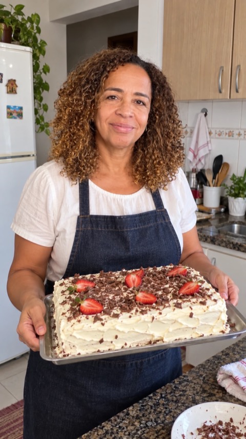 Mary sorrindo com um bolo retangular pronto nas mãos
