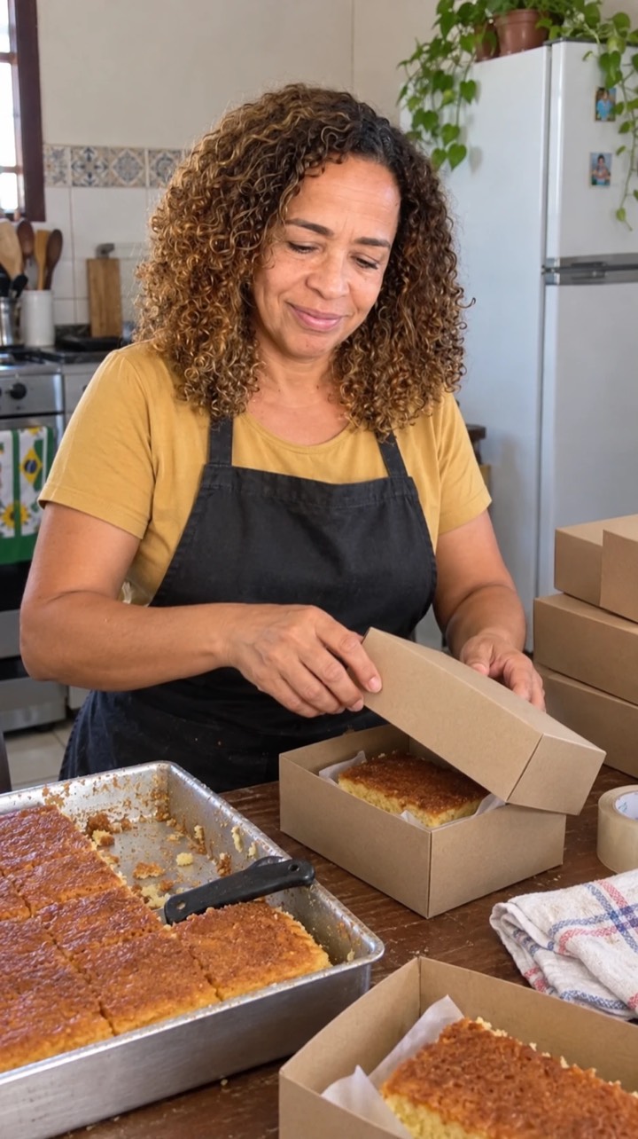 Mary embalando fatias de bolo em caixas para entrega