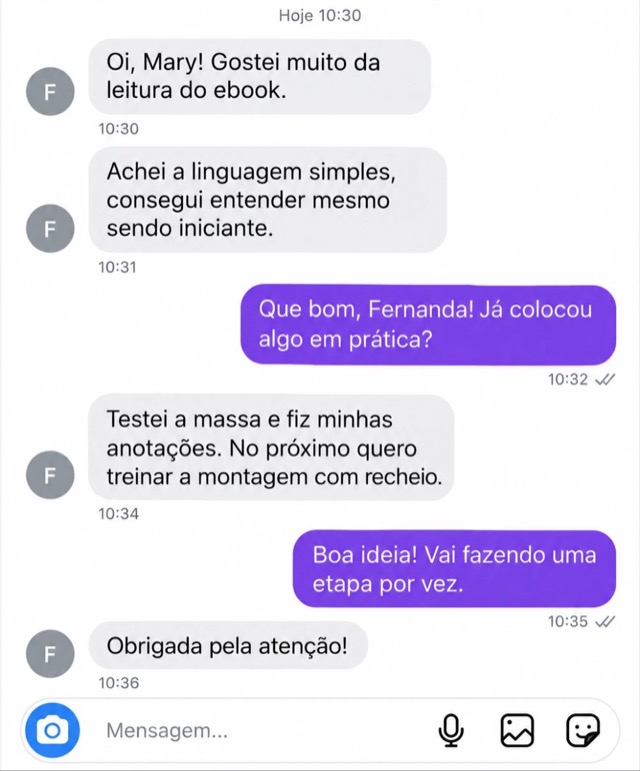 Print de conversa de Fernanda com a Mary: Achei a linguagem simples, consegui entender mesmo sendo iniciante.