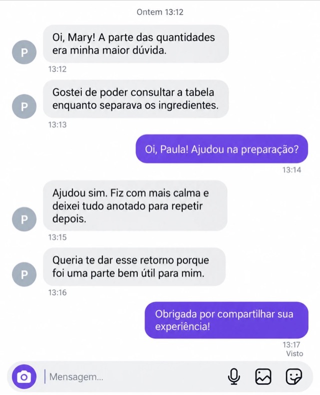 Print de conversa de Paula com a Mary: Gostei de poder consultar a tabela enquanto separava os ingredientes.